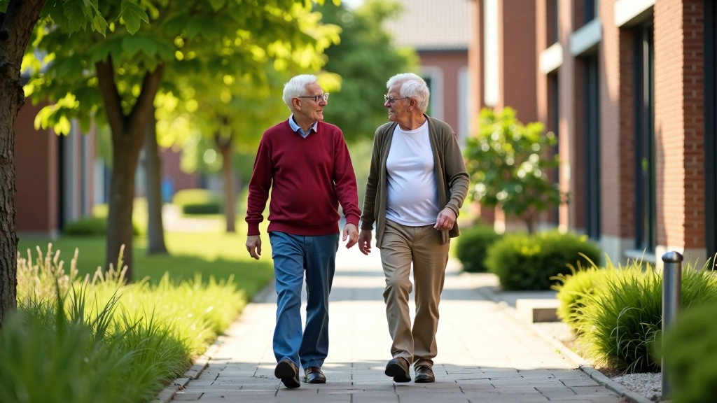 Twee senioren wandelen samen buiten in een park